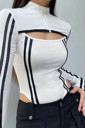 Style Core Aesthetics, New Style Trends - Cyberpunk Striped Cut Out Bodysuit