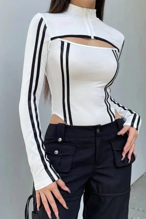 Style Core Aesthetics, New Style Trends - Cyberpunk Striped Cut Out Bodysuit