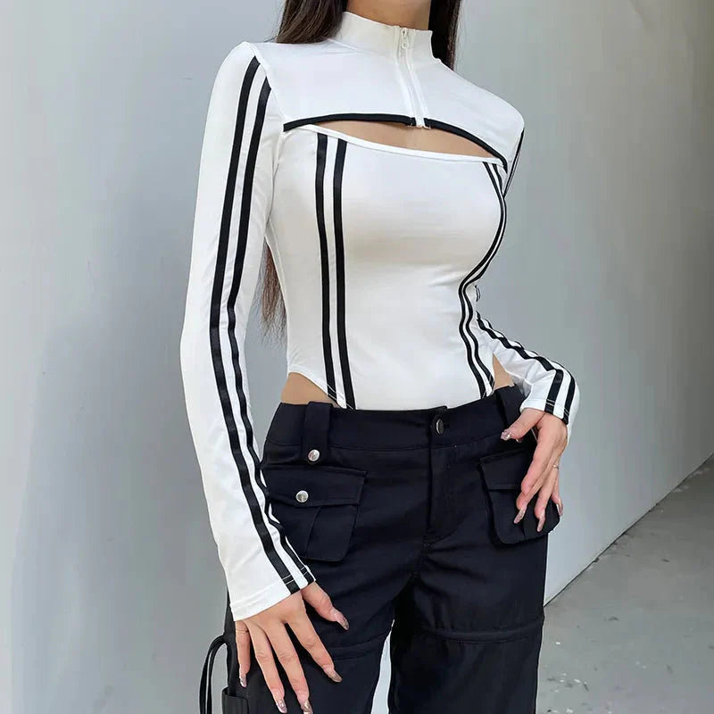 Style Core Aesthetics, New Style Trends - Cyberpunk Striped Cut Out Bodysuit Style Core Aesthetics, New Style Trends - Cyberpunk Striped Cut Out Bodysuit