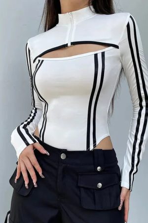 Style Core Aesthetics, New Style Trends - Cyberpunk Striped Cut Out Bodysuit