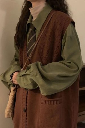 Style Core Aesthetics, New Style Trends - Dark Academia Deep V-Neck Sleeveless Cardigan