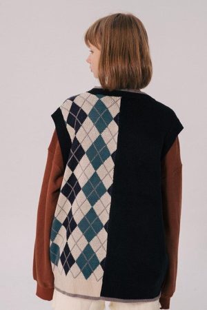 Style Core Aesthetics, New Style Trends - Dark Academia Half Argyle Sweater Vest