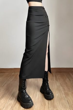 Style Core Aesthetics, New Style Trends - Dark Academia High Split Midi Skirt