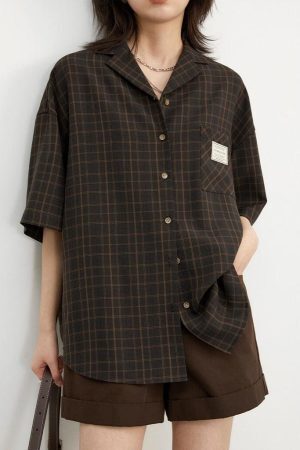Style Core Aesthetics, New Style Trends - Dark Academia V-Neck Plaid Shirt