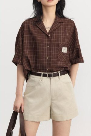 Style Core Aesthetics, New Style Trends - Dark Academia V-Neck Plaid Shirt