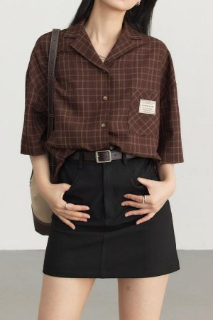 Style Core Aesthetics, New Style Trends - Dark Academia V-Neck Plaid Shirt