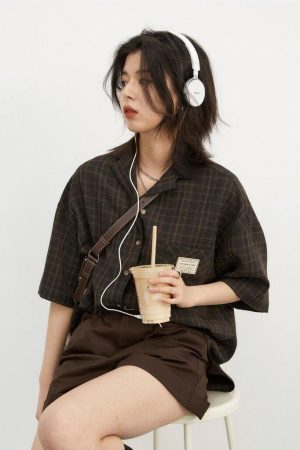 Style Core Aesthetics, New Style Trends - Dark Academia V-Neck Plaid Shirt