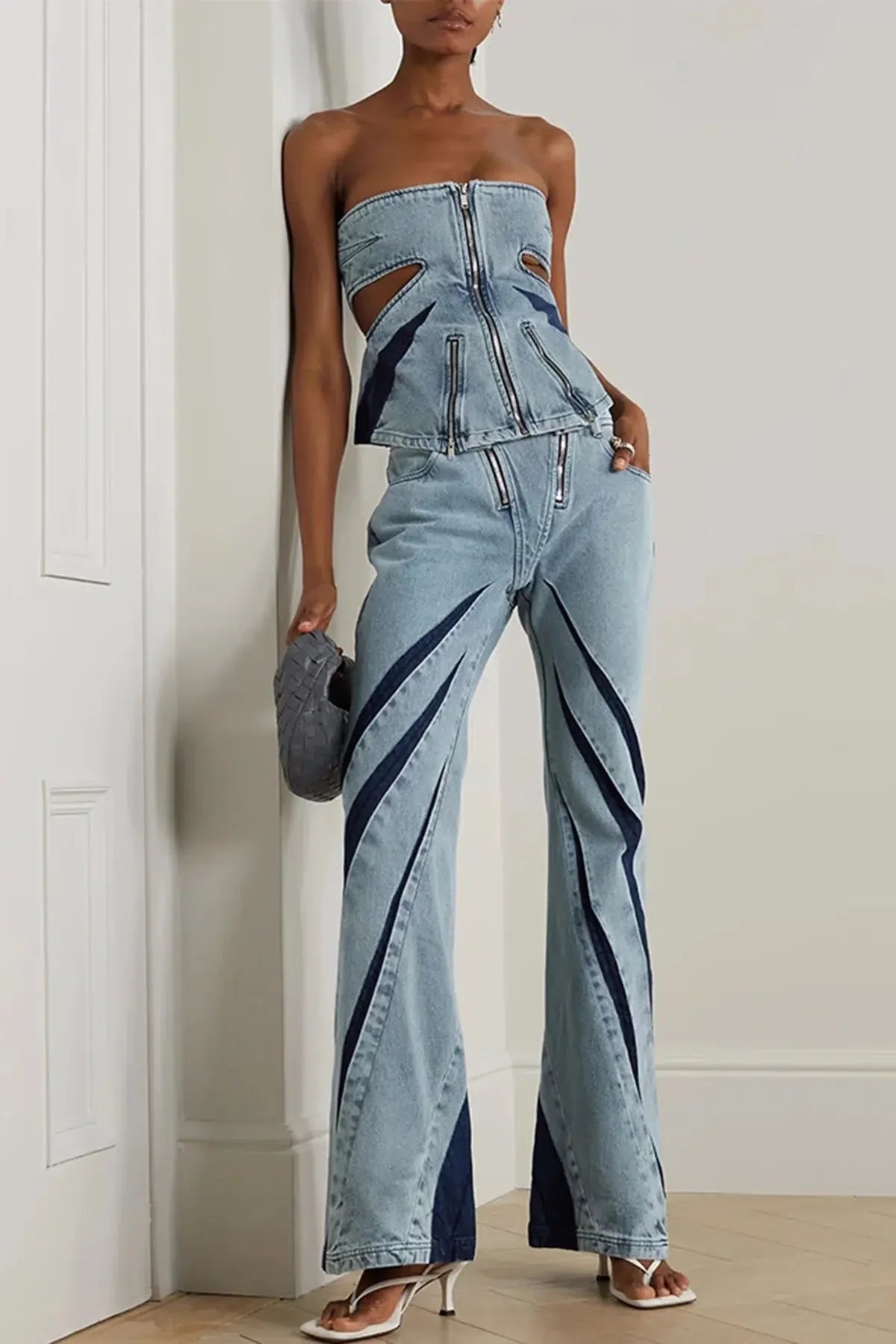 Style Core Aesthetics, New Style Trends - Denim Cut Out Tube Top & Patch Jeans Two Piece Set