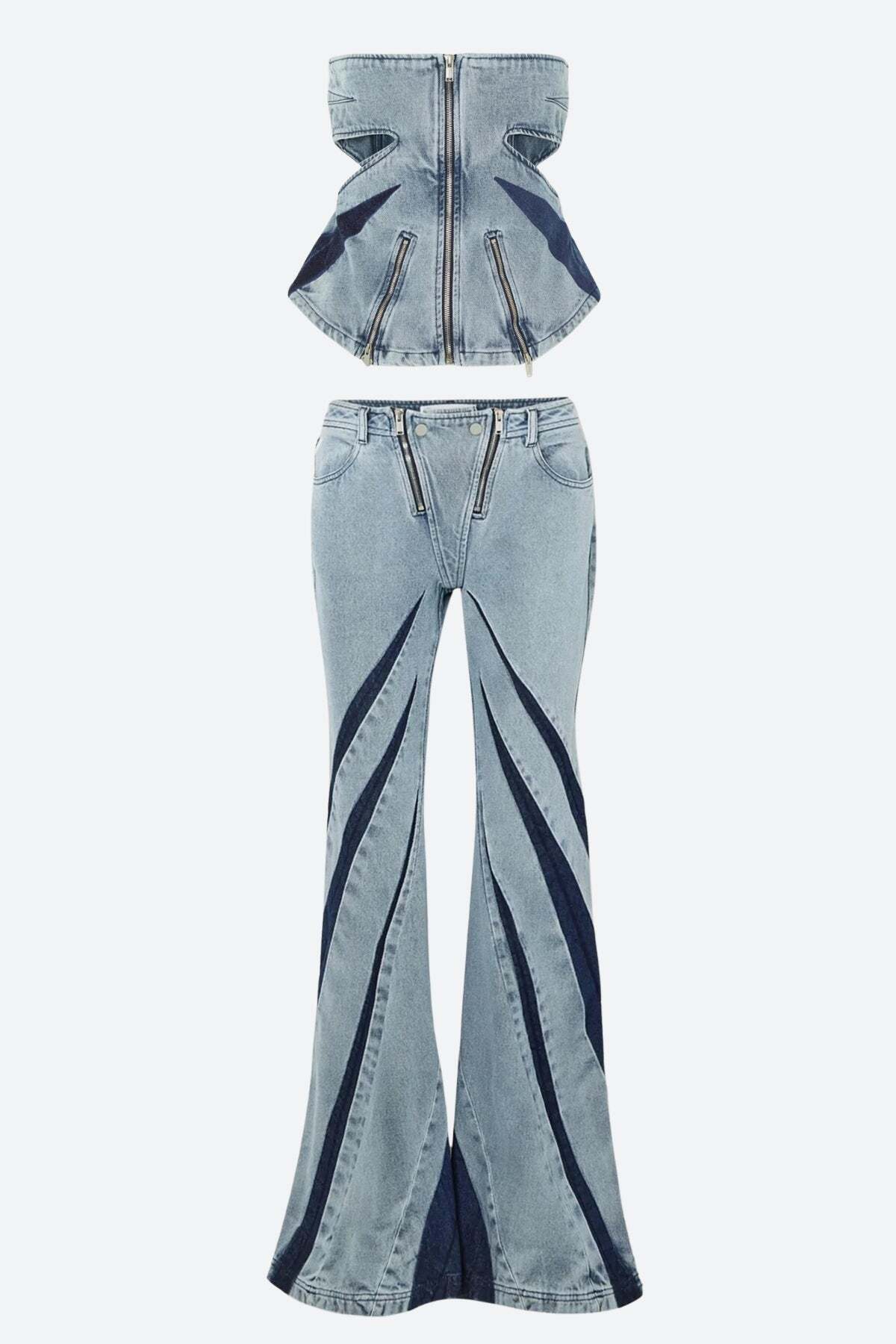 Style Core Aesthetics, New Style Trends - Denim Cut Out Tube Top & Patch Jeans Two Piece Set Style Core Aesthetics, New Style Trends - Denim Cut Out Tube Top & Patch Jeans Two Piece Set