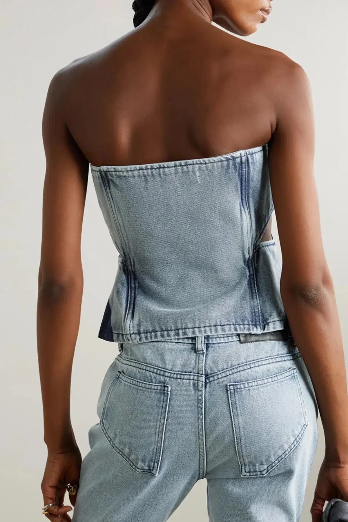 Style Core Aesthetics, New Style Trends - Denim Cut Out Tube Top & Patch Jeans Two Piece Set