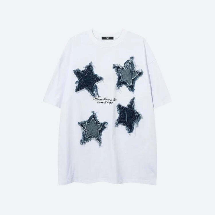 Style Core Aesthetics, New Style Trends - Denim Star Patchwork Tee Style Core Aesthetics, New Style Trends - Denim Star Patchwork Tee