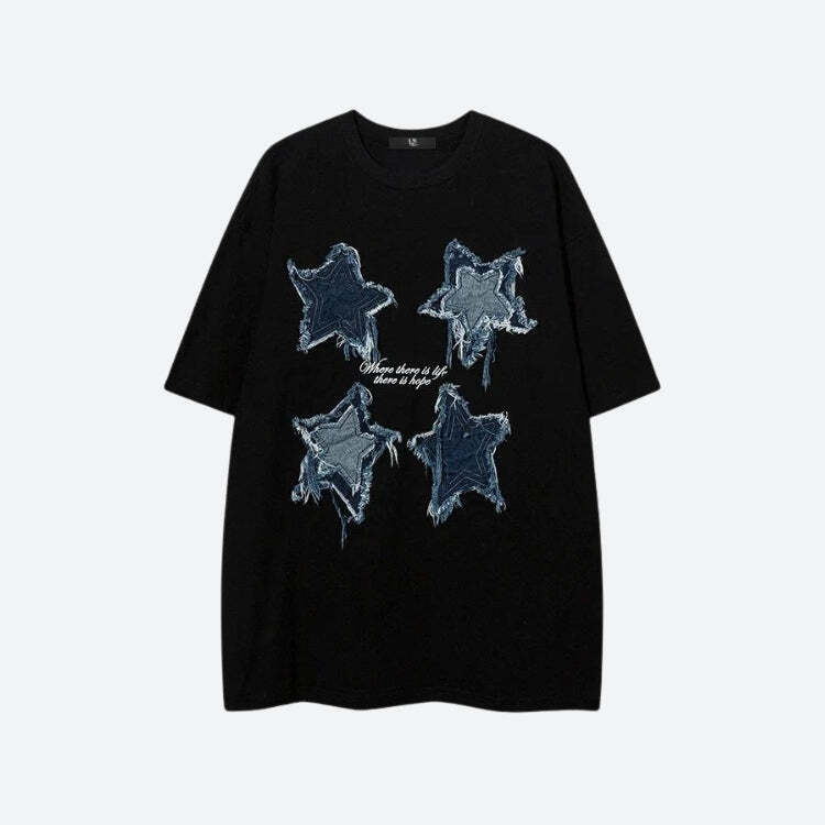 Style Core Aesthetics, New Style Trends - Denim Star Patchwork Tee Style Core Aesthetics, New Style Trends - Denim Star Patchwork Tee