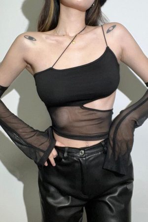 Style Core Aesthetics, New Style Trends - Detachable Sleeved Mesh Halter Top