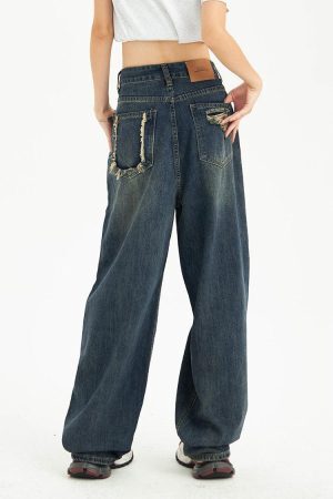 Style Core Aesthetics, New Style Trends - Distressed Pockets Wide Leg Baggy Jeans