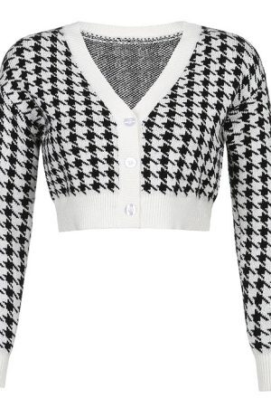 Style Core Aesthetics, New Style Trends - Dogtooth Check Crop Cardigan