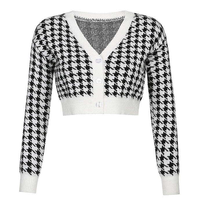 Style Core Aesthetics, New Style Trends - Dogtooth Check Crop Cardigan