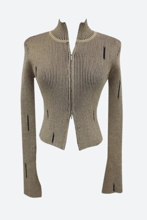 Style Core Aesthetics, New Style Trends - Double Zip-Up Distressed Corduroy Cardigan