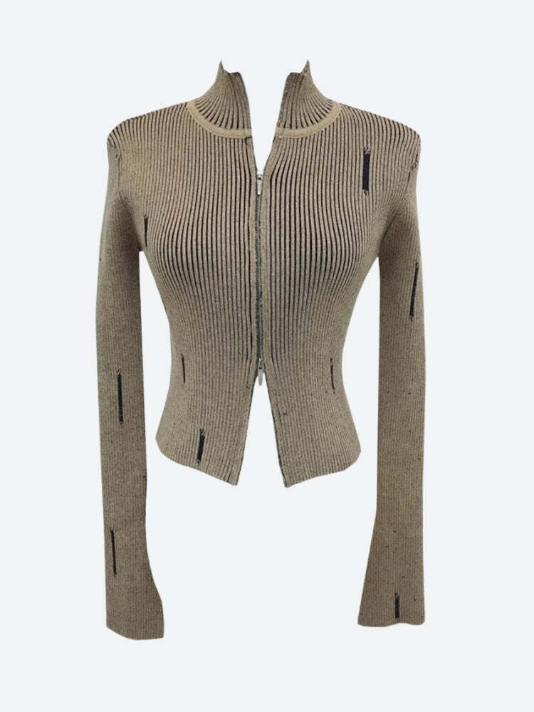 Style Core Aesthetics, New Style Trends - Double Zip-Up Distressed Corduroy Cardigan Style Core Aesthetics, New Style Trends - Double Zip-Up Distressed Corduroy Cardigan