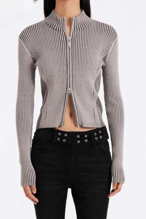 Style Core Aesthetics, New Style Trends - Double Zip-Up Distressed Corduroy Cardigan