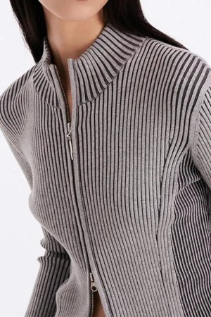 Style Core Aesthetics, New Style Trends - Double Zip-Up Distressed Corduroy Cardigan