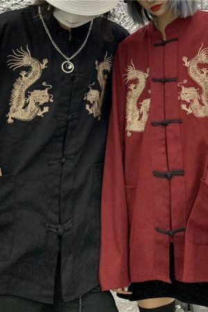 Style Core Aesthetics, New Style Trends - Dragon Embroidery Mandarin Collar Shirt