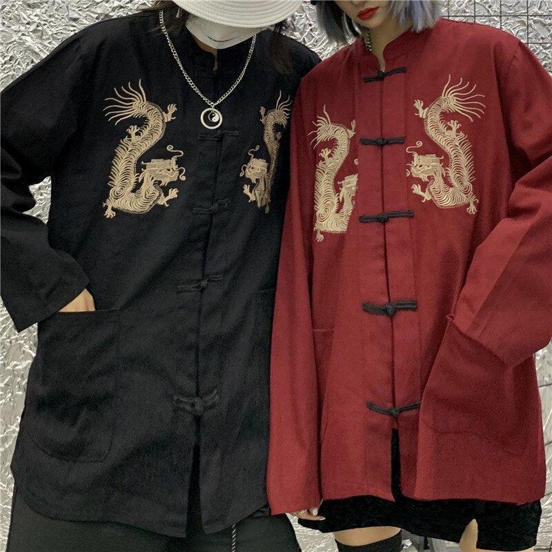 Style Core Aesthetics, New Style Trends - Dragon Embroidery Mandarin Collar Shirt Style Core Aesthetics, New Style Trends - Dragon Embroidery Mandarin Collar Shirt