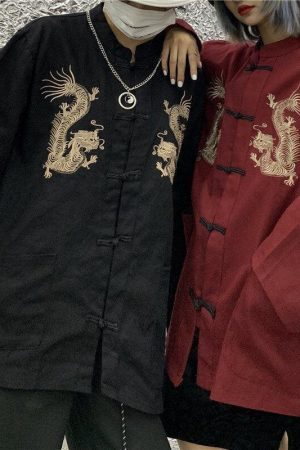 Style Core Aesthetics, New Style Trends - Dragon Embroidery Mandarin Collar Shirt