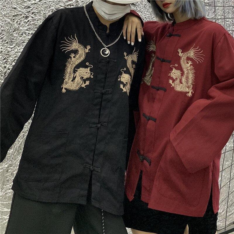 Style Core Aesthetics, New Style Trends - Dragon Embroidery Mandarin Collar Shirt Style Core Aesthetics, New Style Trends - Dragon Embroidery Mandarin Collar Shirt