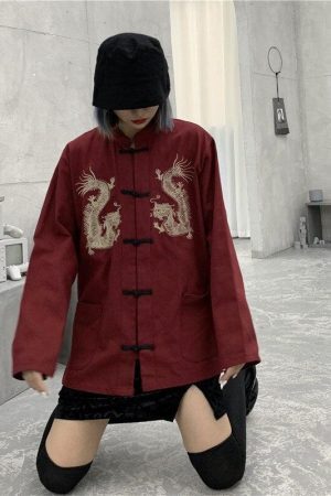 Style Core Aesthetics, New Style Trends - Dragon Embroidery Mandarin Collar Shirt
