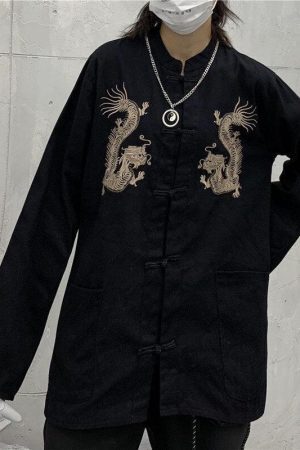 Style Core Aesthetics, New Style Trends - Dragon Embroidery Mandarin Collar Shirt