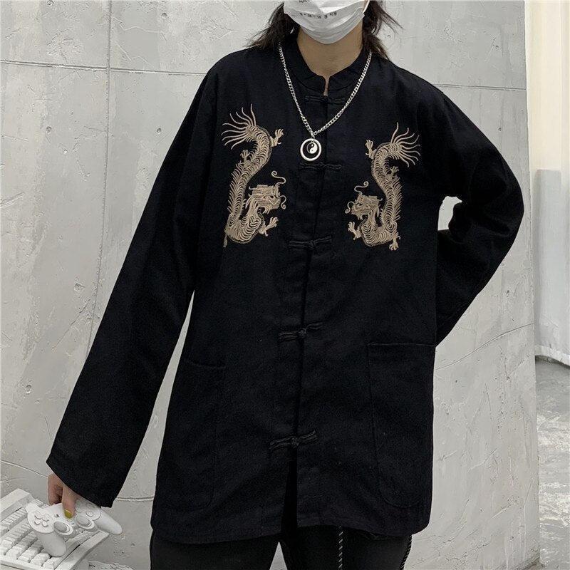 Style Core Aesthetics, New Style Trends - Dragon Embroidery Mandarin Collar Shirt Style Core Aesthetics, New Style Trends - Dragon Embroidery Mandarin Collar Shirt
