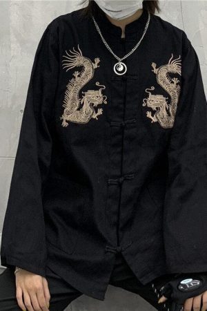 Style Core Aesthetics, New Style Trends - Dragon Embroidery Mandarin Collar Shirt