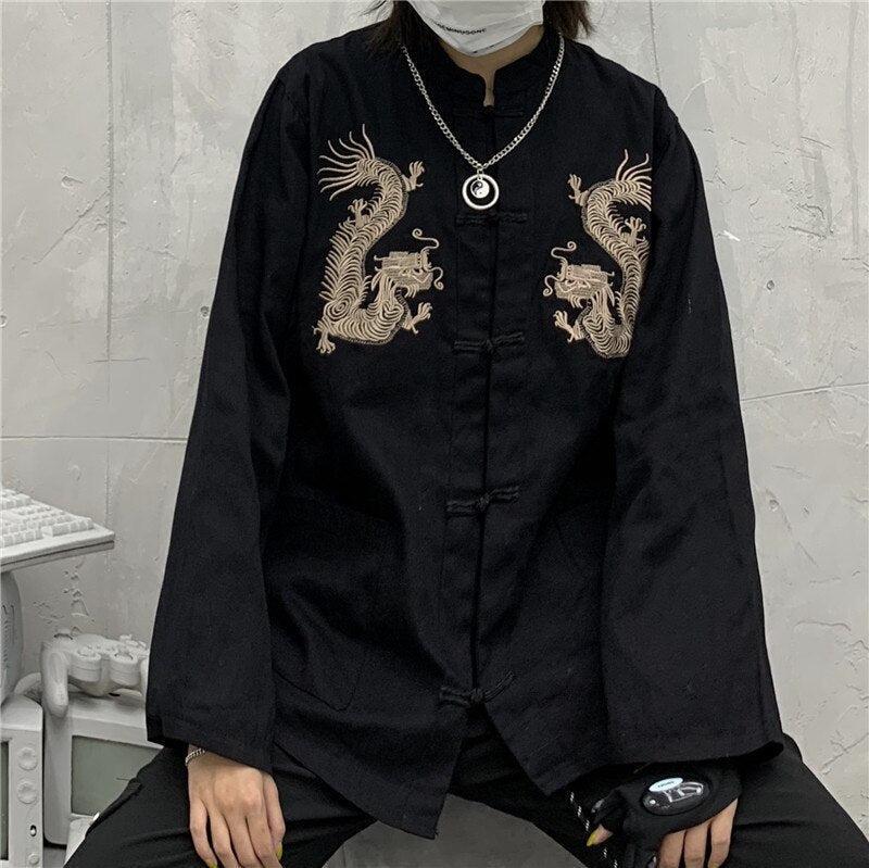 Style Core Aesthetics, New Style Trends - Dragon Embroidery Mandarin Collar Shirt Style Core Aesthetics, New Style Trends - Dragon Embroidery Mandarin Collar Shirt