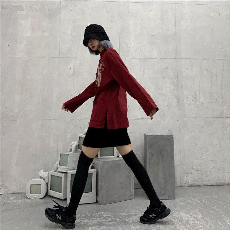 Style Core Aesthetics, New Style Trends - Dragon Embroidery Mandarin Collar Shirt Style Core Aesthetics, New Style Trends - Dragon Embroidery Mandarin Collar Shirt