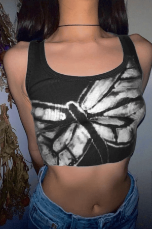 Style Core Aesthetics, New Style Trends - Dragonfly Print Ribbed Cropped Tank Top