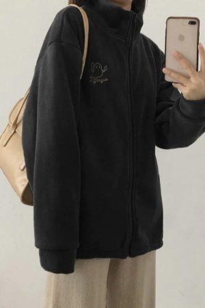 Style Core Aesthetics, New Style Trends - Embroidery Zip Up Fleece Jacket