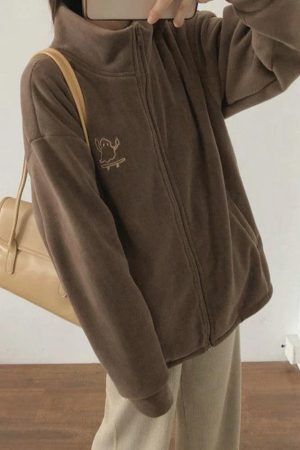 Style Core Aesthetics, New Style Trends - Embroidery Zip Up Fleece Jacket