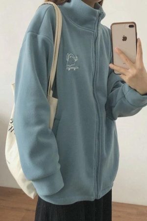 Style Core Aesthetics, New Style Trends - Embroidery Zip Up Fleece Jacket