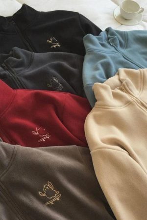 Style Core Aesthetics, New Style Trends - Embroidery Zip Up Fleece Jacket
