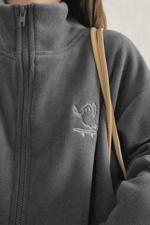 Style Core Aesthetics, New Style Trends - Embroidery Zip Up Fleece Jacket