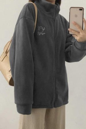 Style Core Aesthetics, New Style Trends - Embroidery Zip Up Fleece Jacket