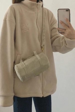 Style Core Aesthetics, New Style Trends - Embroidery Zip Up Fleece Jacket