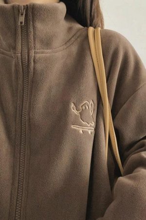 Style Core Aesthetics, New Style Trends - Embroidery Zip Up Fleece Jacket