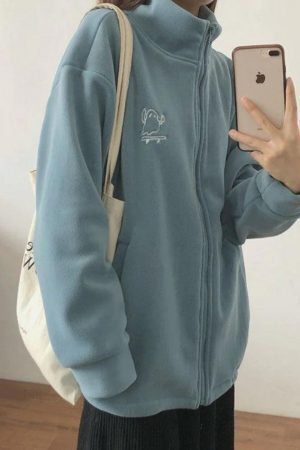 Style Core Aesthetics, New Style Trends - Embroidery Zip Up Fleece Jacket