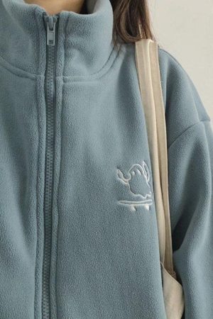 Style Core Aesthetics, New Style Trends - Embroidery Zip Up Fleece Jacket