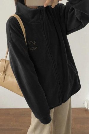 Style Core Aesthetics, New Style Trends - Embroidery Zip Up Fleece Jacket