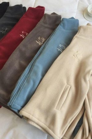 Style Core Aesthetics, New Style Trends - Embroidery Zip Up Fleece Jacket