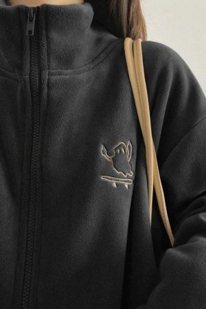 Style Core Aesthetics, New Style Trends - Embroidery Zip Up Fleece Jacket