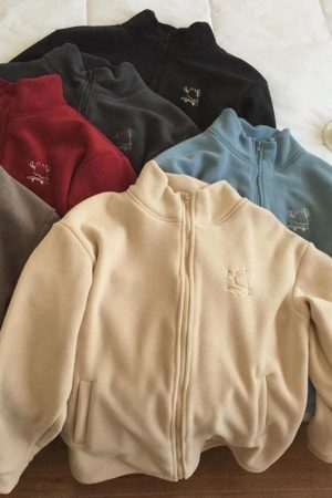 Style Core Aesthetics, New Style Trends - Embroidery Zip Up Fleece Jacket