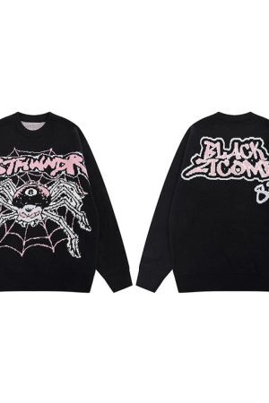 Style Core Aesthetics, New Style Trends - Evil Spider Graphic Knit Cotton Sweater